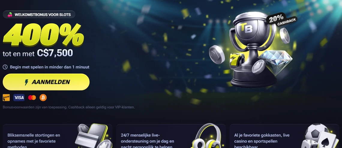 TenoBet — Slots pakket tot 400% tot € 5.000 over 4 stortingen; Sport pakket tot 300% tot € 3.000 over 4 stortingen